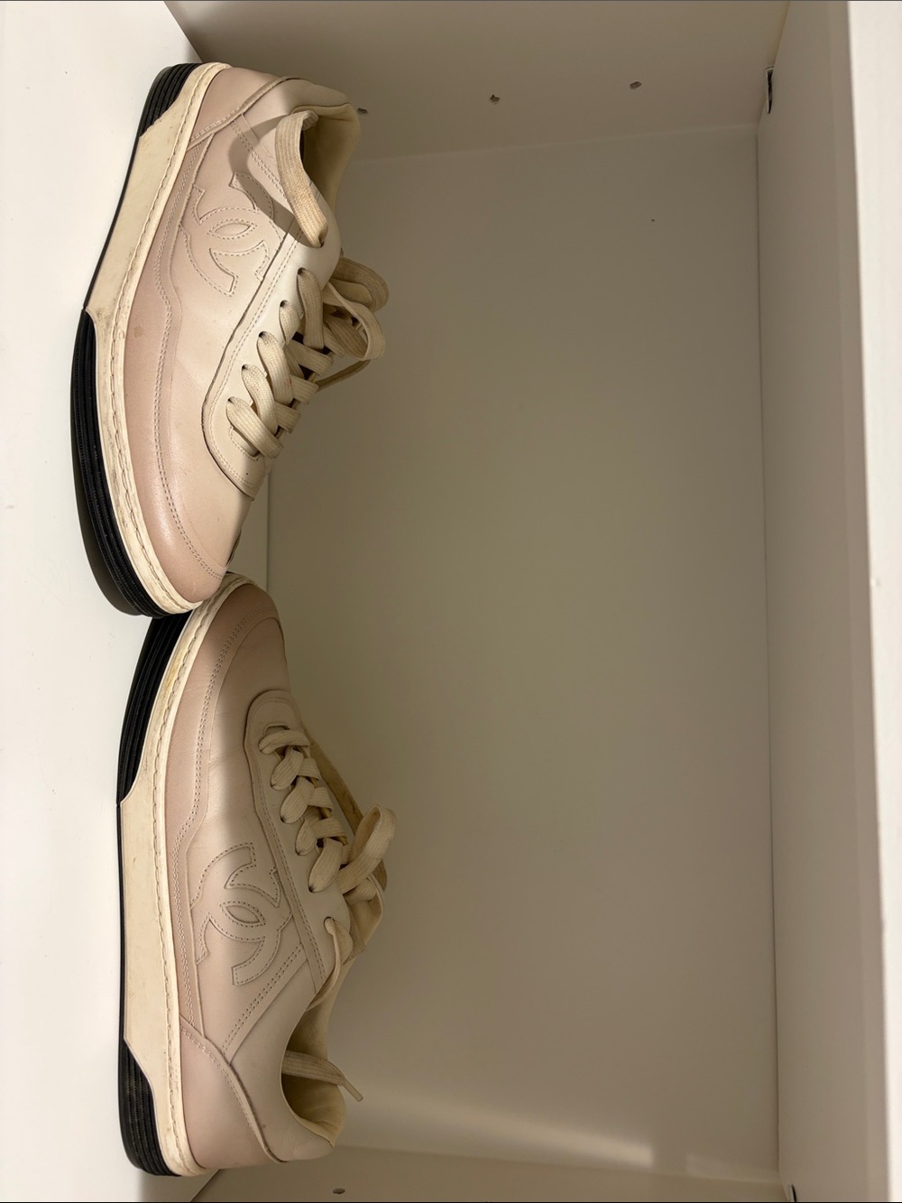 CHANEL Men's Cream/Tan Leather Low-Top Sneakers